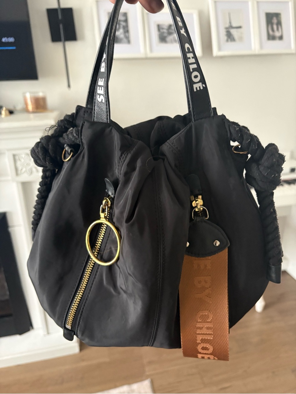 See By Chloe Black Shoulder Bag with Gold Hardware and Brown Strap